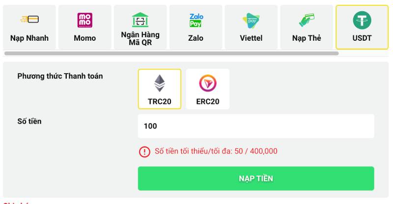 Nạp tiền qua USDT